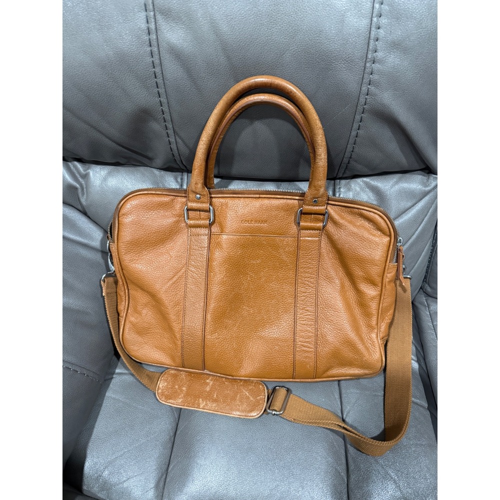 Cole Haan Tan Pebbled Leather Briefcase Laptop Bag Messenger Shoulder Strap